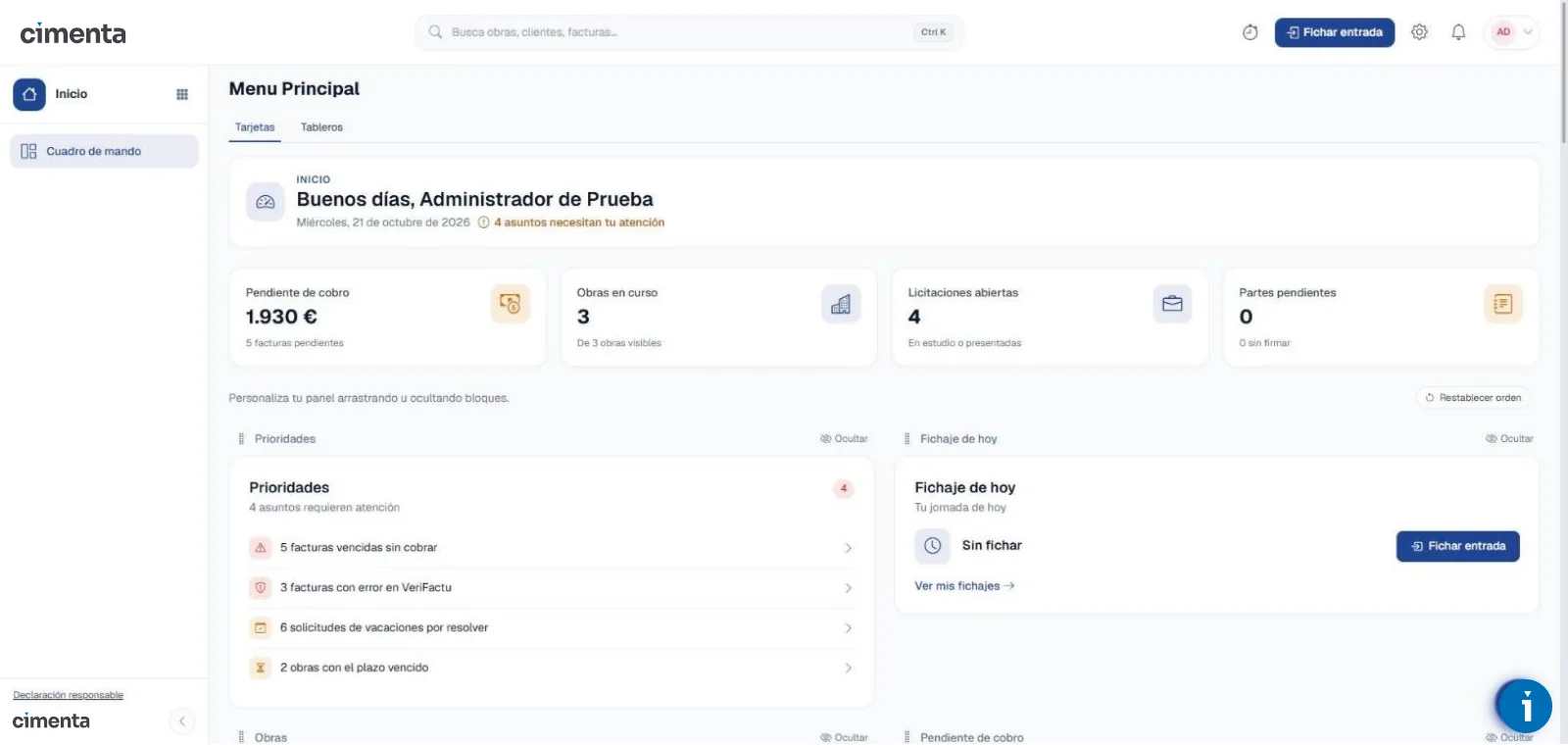 Cuadro de mando de Cimenta Gestión con cobros pendientes, obras en curso y licitaciones abiertas