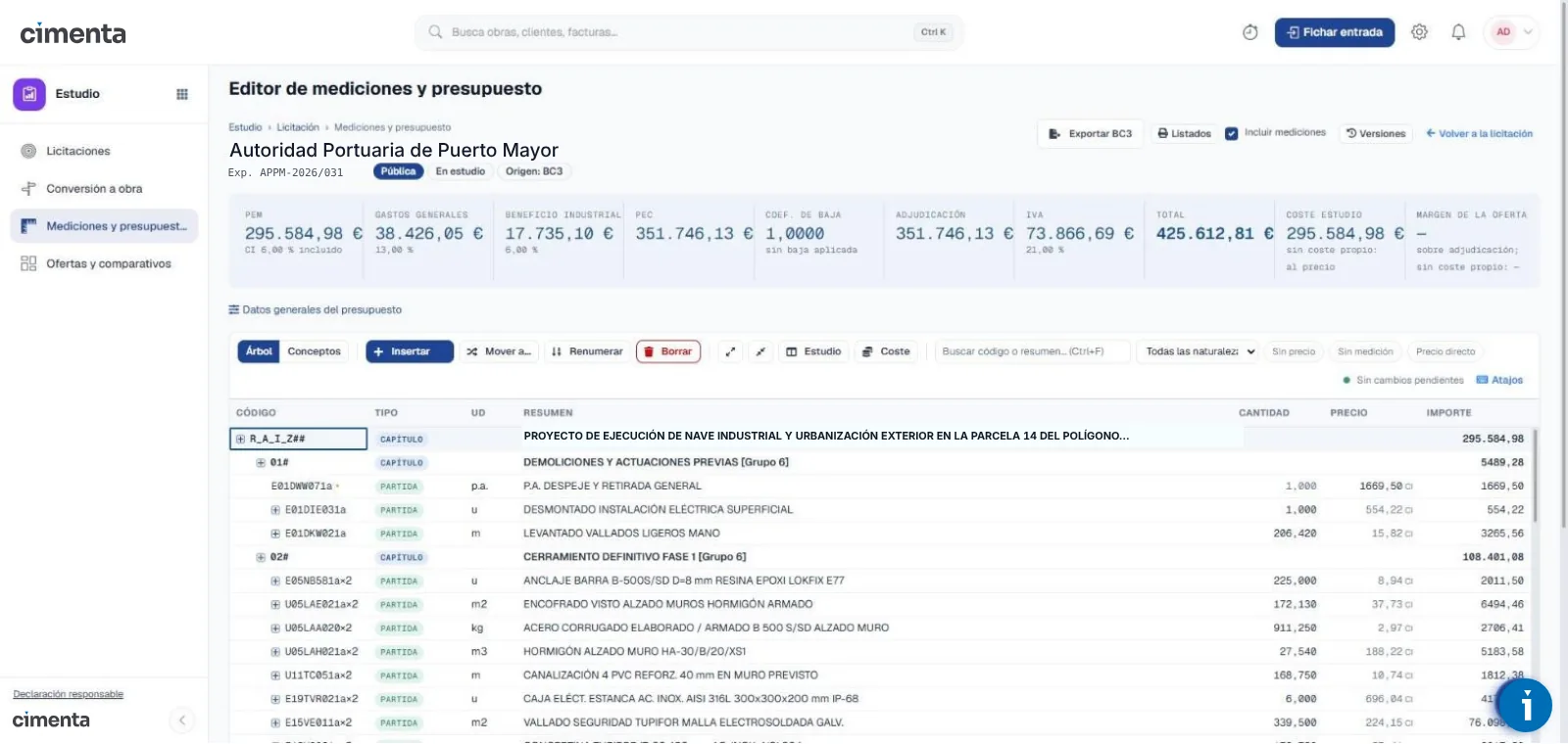 Editor de mediciones y presupuesto de Cimenta Gestión, con capítulos y partidas de una obra